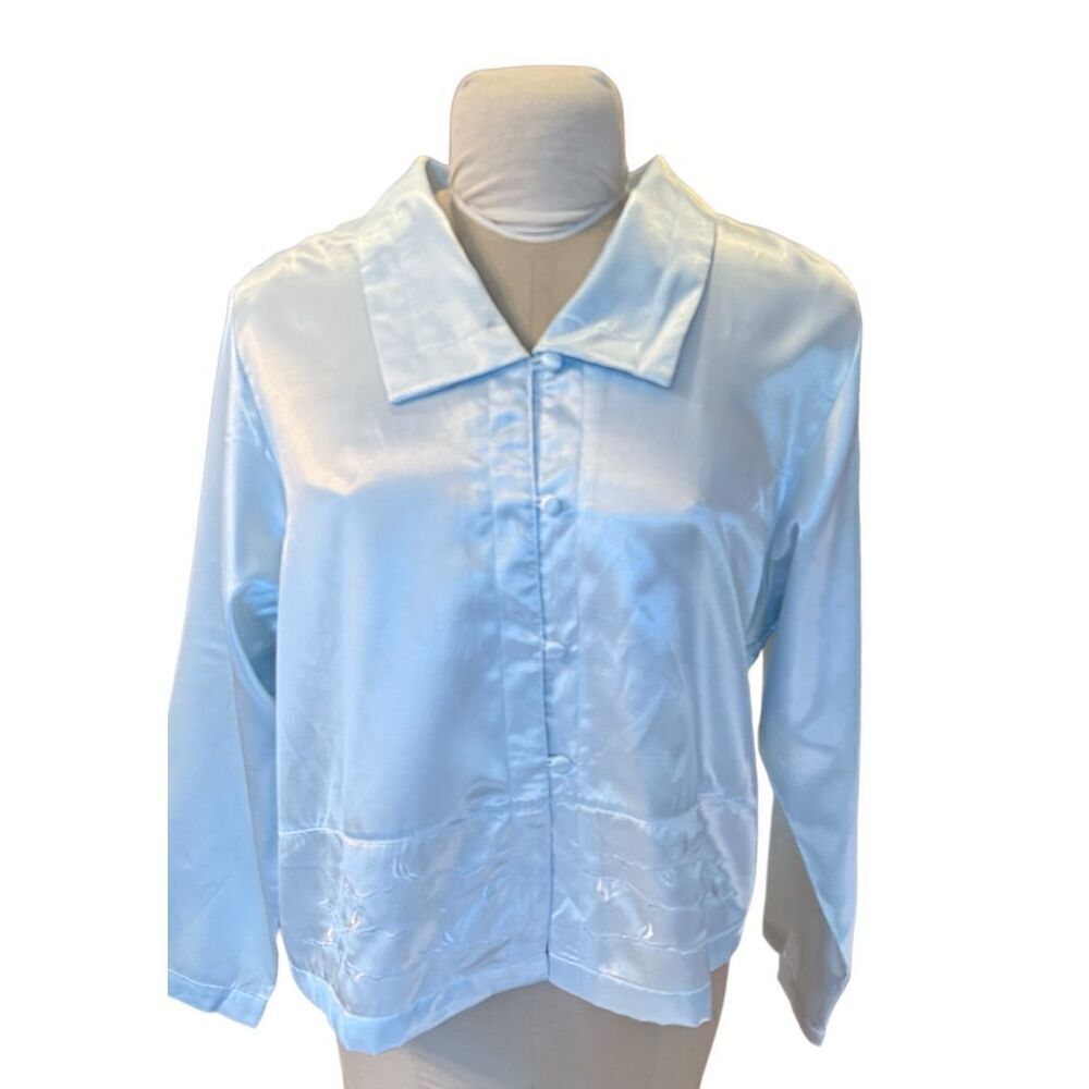 NWT Ladies Satin Pajama Top by Delicates Sz. L Button Front Light Blue